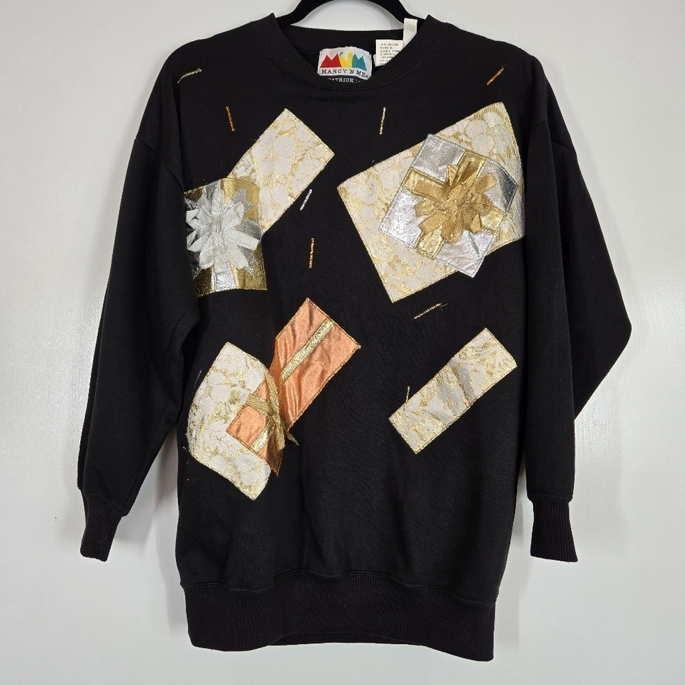 Vintage Marcy'N Me Patrick Lee Black Bow Gift Holiday Crewneck Sweatshirt Small‎